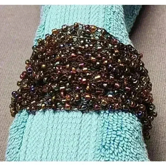 Bohemian Multi-strand Brown Knit Cuff Beaded Bracelet Iridescent Seed Beads Boho - Picture 5 of 6